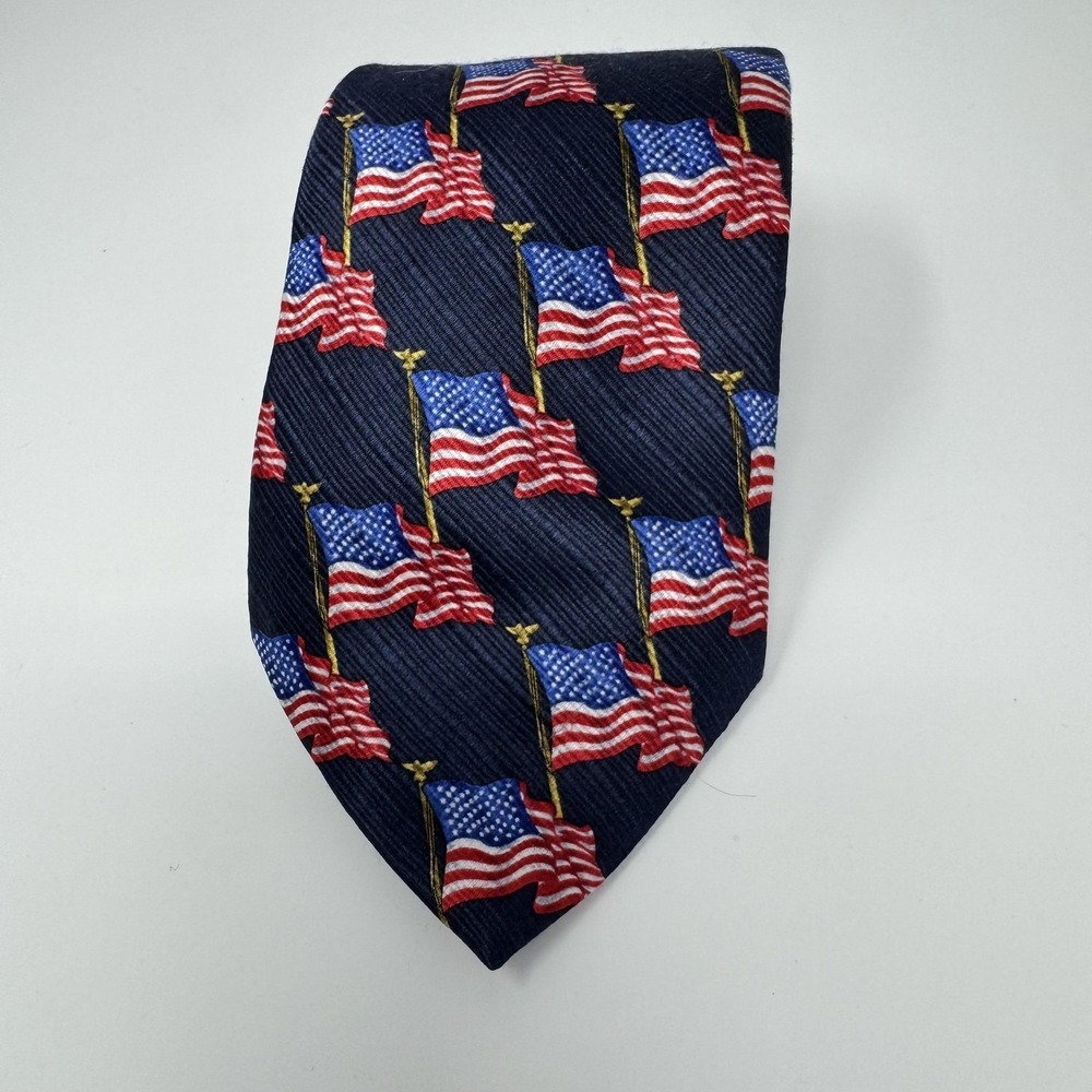 American Traditions Tie Mens One‎ Size Blue Silk American Flag Patriotic Necktie